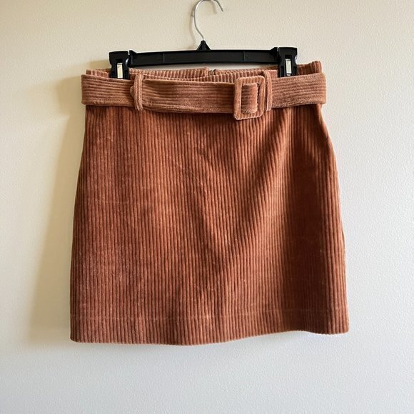 Mango MNG Casual Brown‎ Corduroy Mini Pencil Skirt Ribbed Belt Womens Size S - Picture 1 of 6